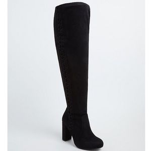 BLACK FAUX SUEDE STRETCH CORSET OVER-THE-KNEE BOOT